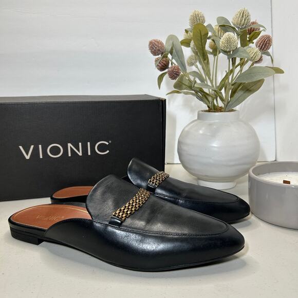 Vionic, Starling Black Leather Slip-On Flat Mule with Arch Support. Women US 9 M - Picture 3 of 14